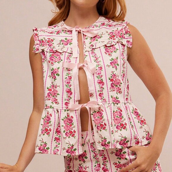 Tops - Boho Women's ditsy Floral Stripe Tie Front Tiered Ruffle Peplum Sl